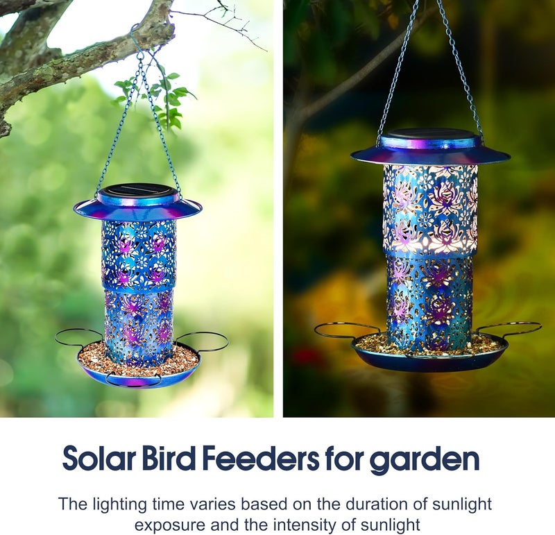 Ottsuls Solar Bird Feeder for Outdoors Hanging, Metal Wild Cardinals Garden Lantern Weatherproof, Decro Solar Birdfeeders as Gift Idea for Women Mom Grandma Bird Lovers (Update Version Blue) - Image 3